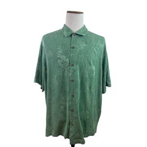 Tommy Bahama Mens Green Silk Floral Hawaiian Short Sleeve Button-Up Shirt Size 2